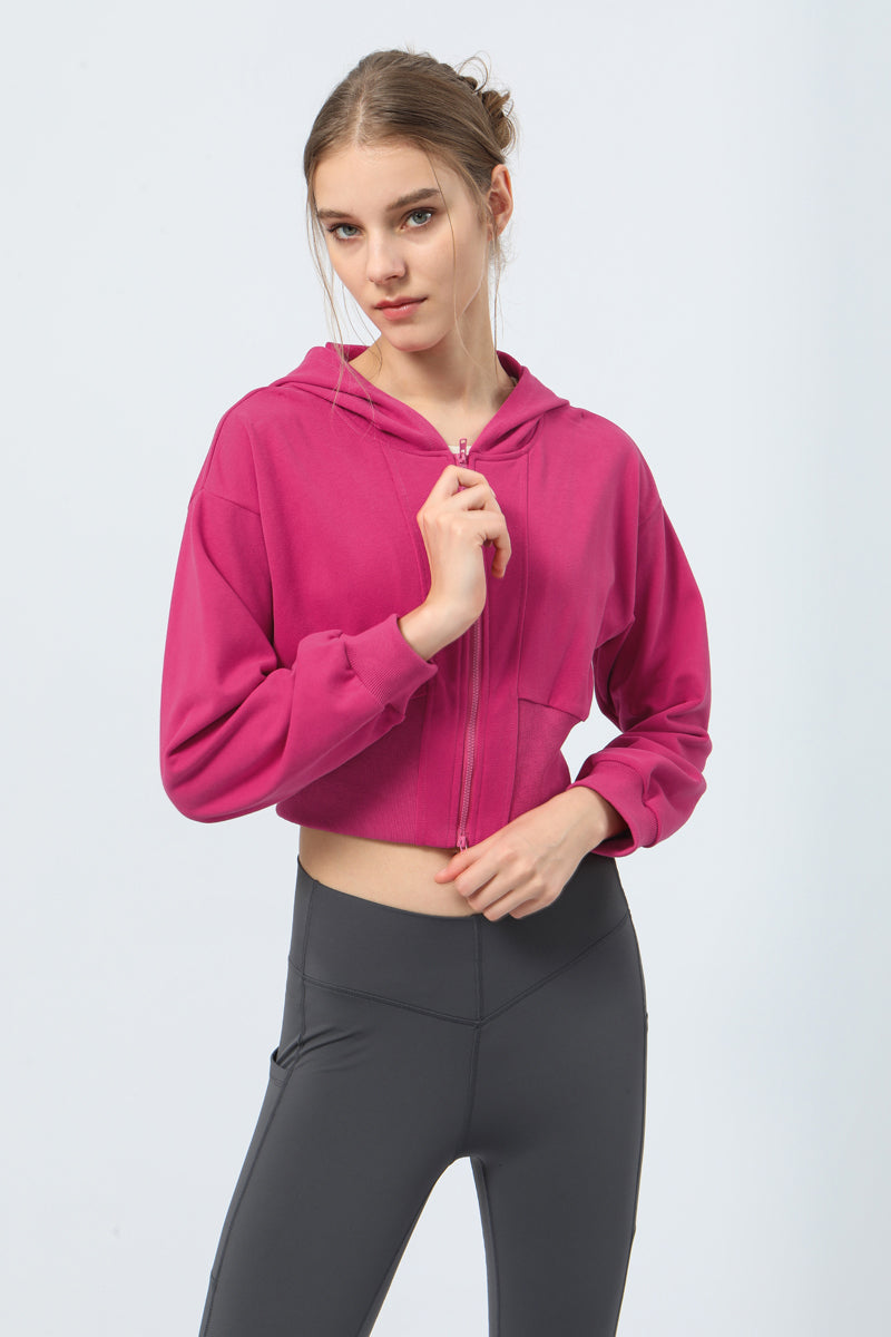 Women's High Elasticity Waist-Shaping Double Ended Zipper Cropped Hoodie Jacket
