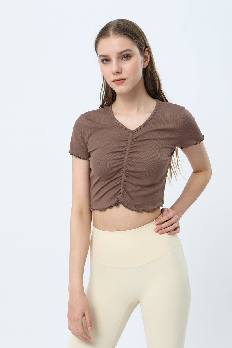 Pit-Patterned Pleated Lace V-neck Yoga Short Sleeve T-Shirt