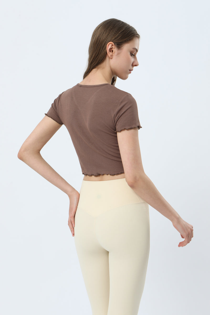 Pit-Patterned Pleated Lace V-neck Yoga Short Sleeve T-Shirt