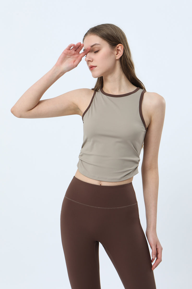Cropped Contrast Binding Ruched Side Tank Top